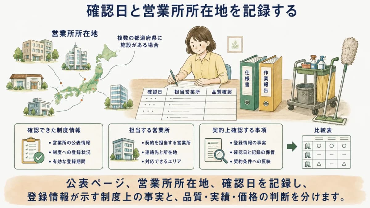 確認日と営業所所在地を記録する