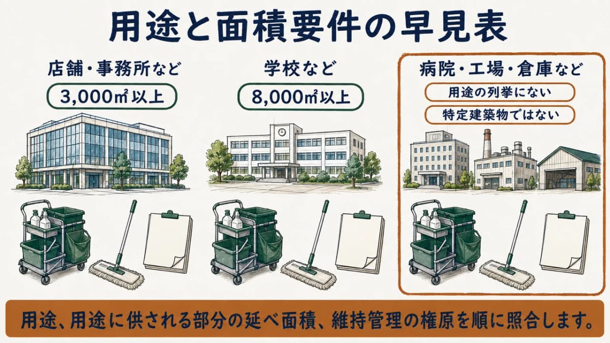 用途と面積で確認する特定建築物の早見図