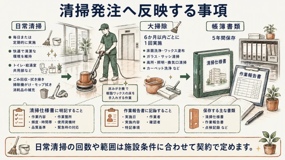 清掃基準と仕様書、作業報告書を結び付ける図