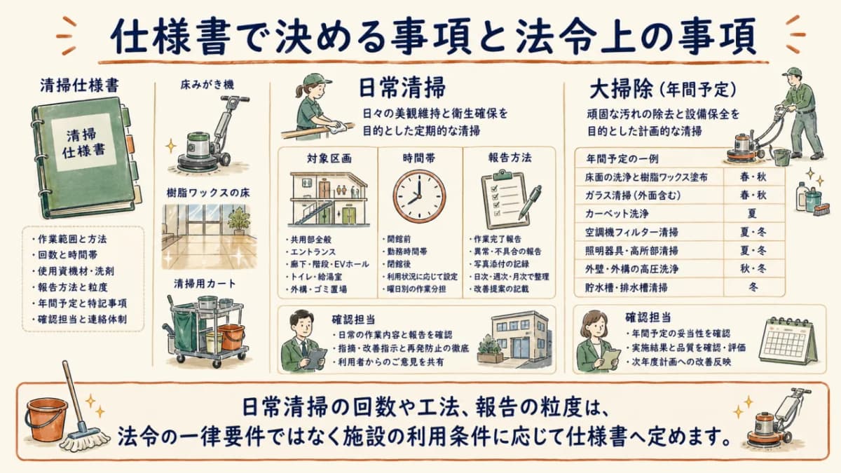仕様書に大掃除と日常清掃の条件を配置する図