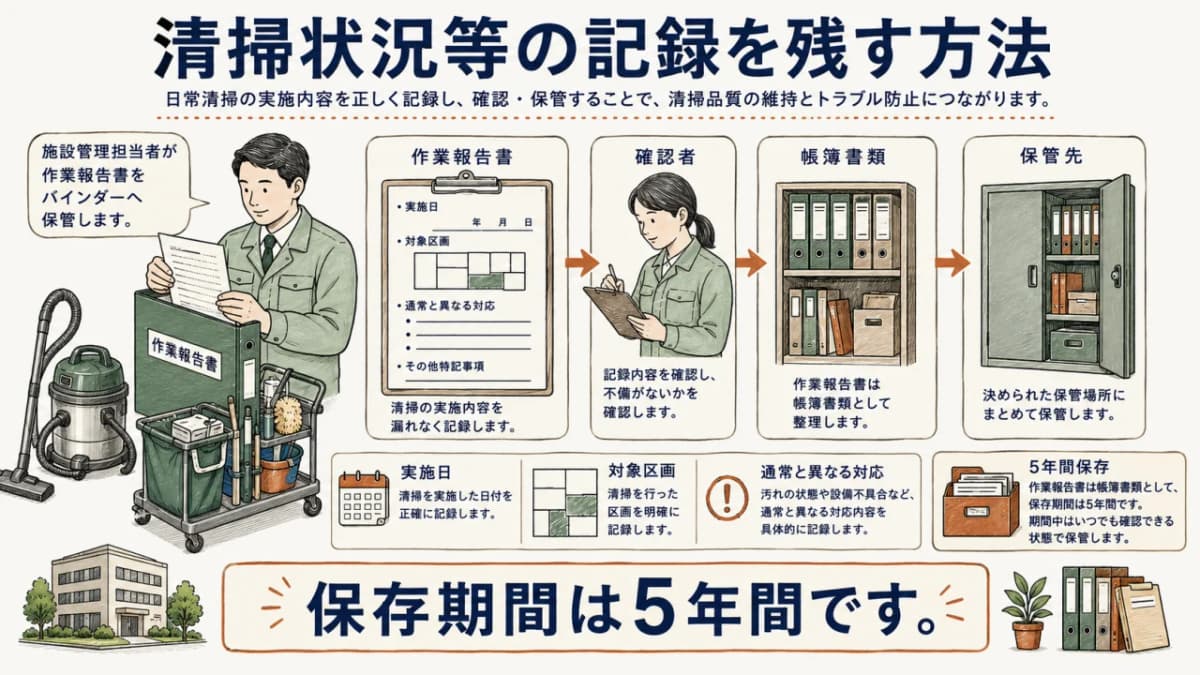 作業報告書と帳簿書類を5年間保存する流れ