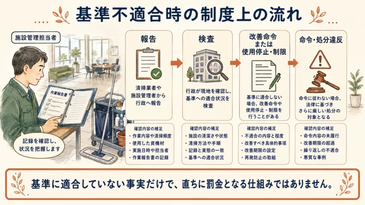 報告、検査、改善命令の順序を表す図