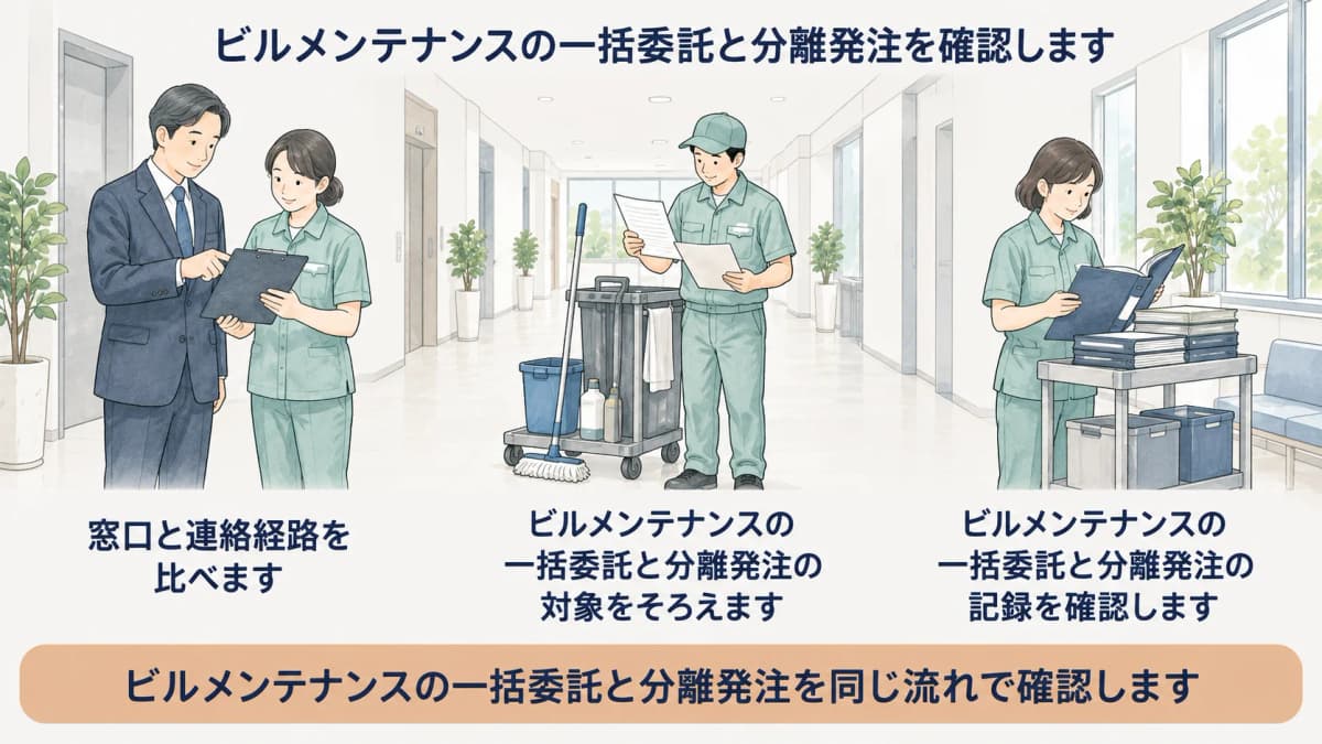 一括委託と分離発注の清掃連絡経路を比べる図