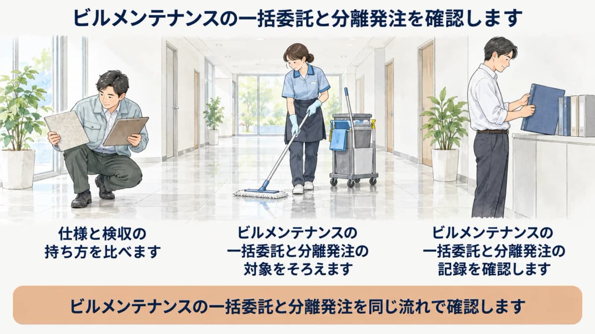 清掃の仕様と検収を方式別に比べる図