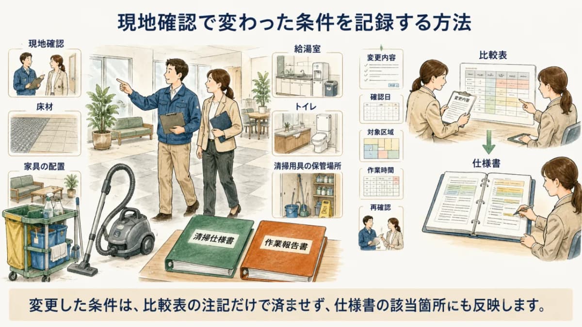 現地確認で変わった条件を記録する方法