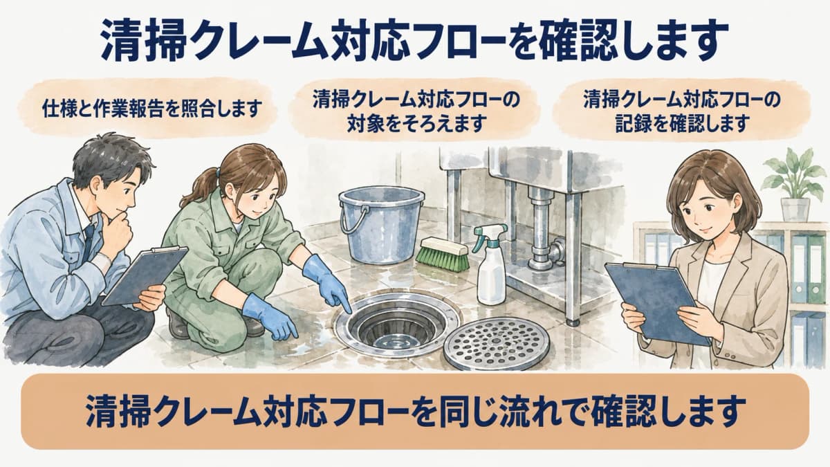苦情対応で仕様と作業報告を照合する図