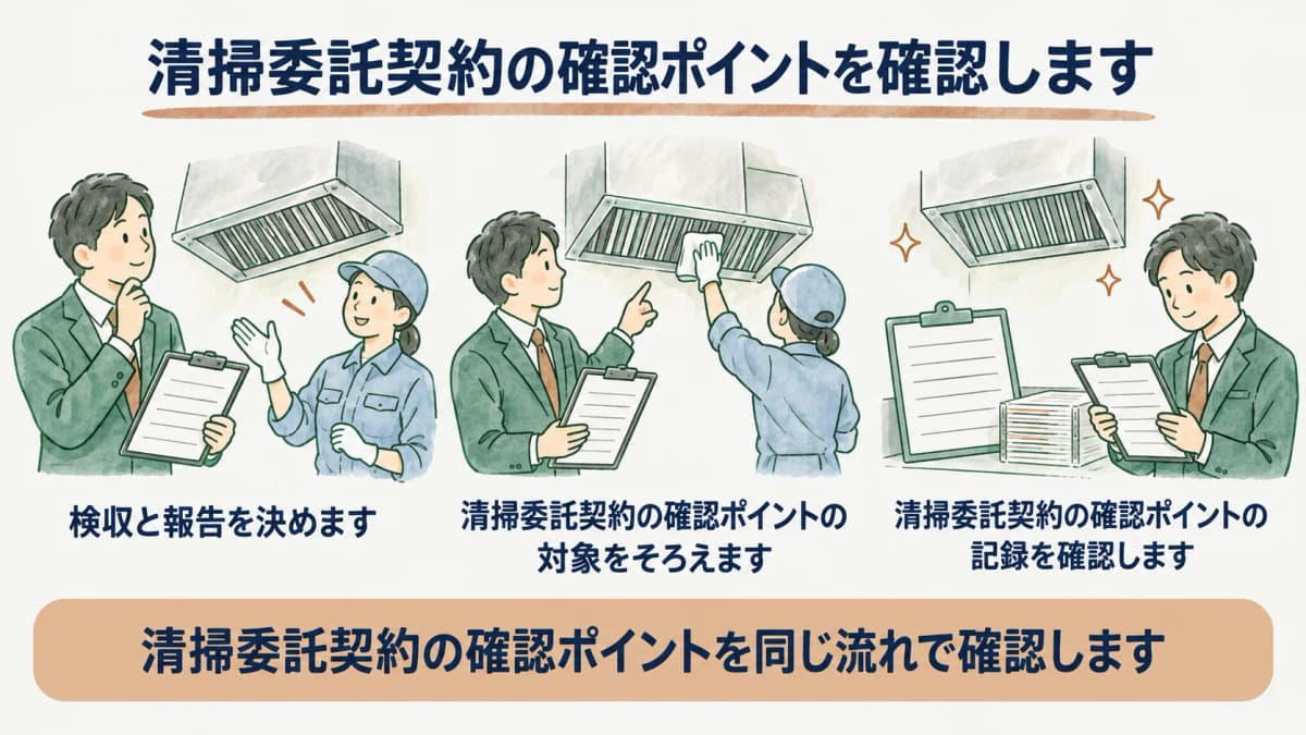 清掃契約の検収と報告を決める図