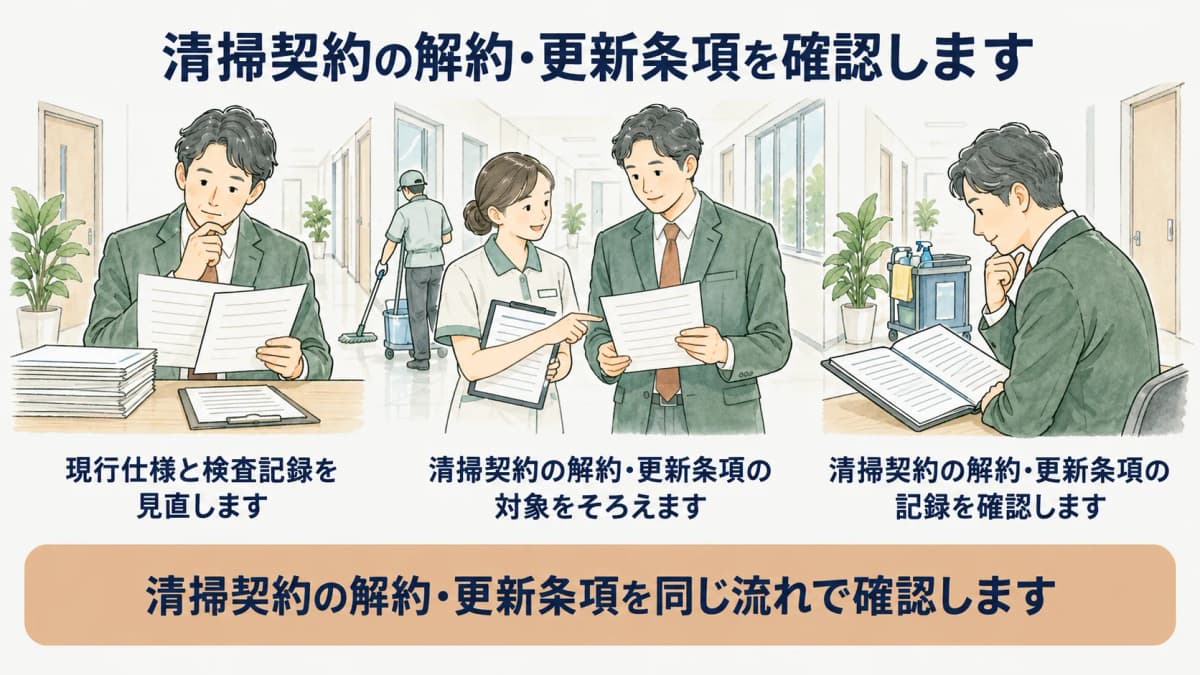 更新前に清掃仕様と検査記録を見直す図