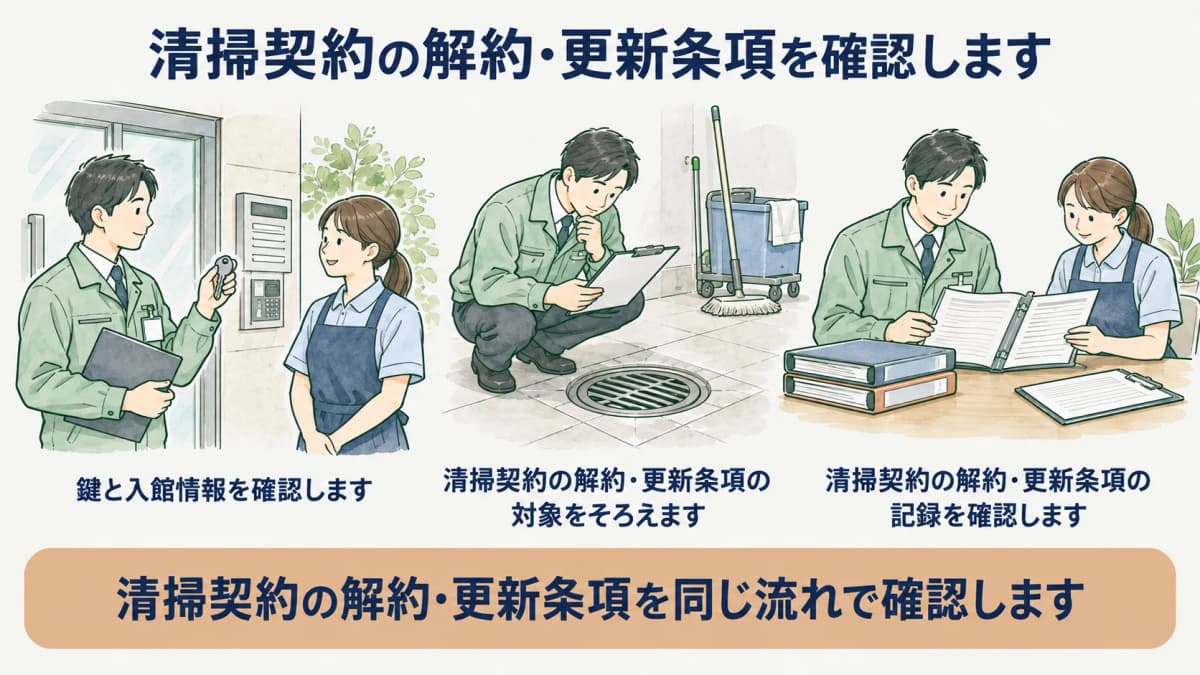 清掃契約の終了時に鍵と入館情報を確認する図