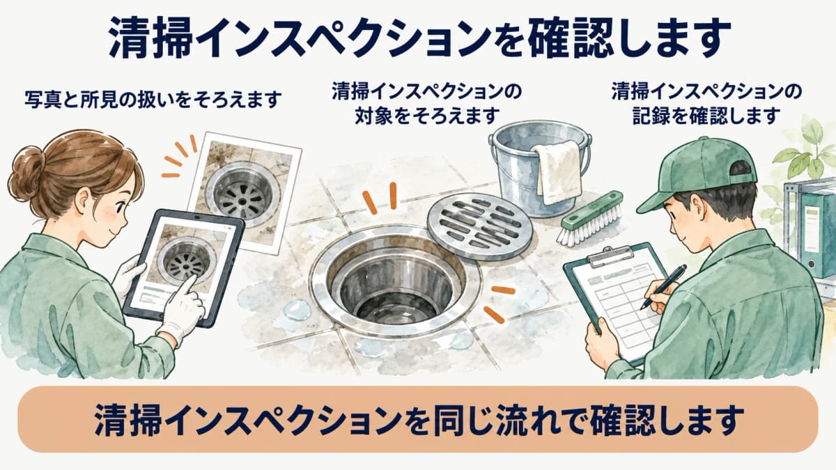 写真と所見の扱いをそろえるポイントを示す図