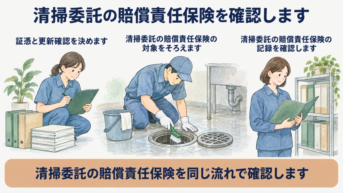 清掃保険の証憑と更新確認を決める図