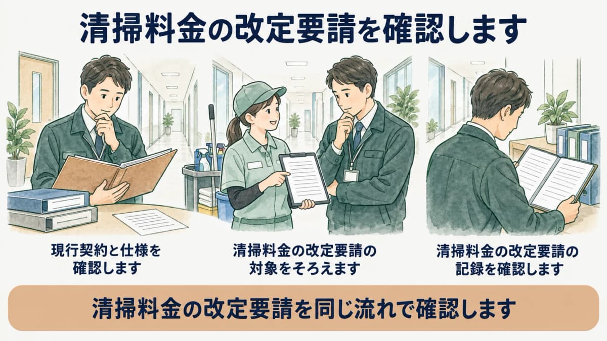 料金改定前に清掃契約と仕様を確認する図