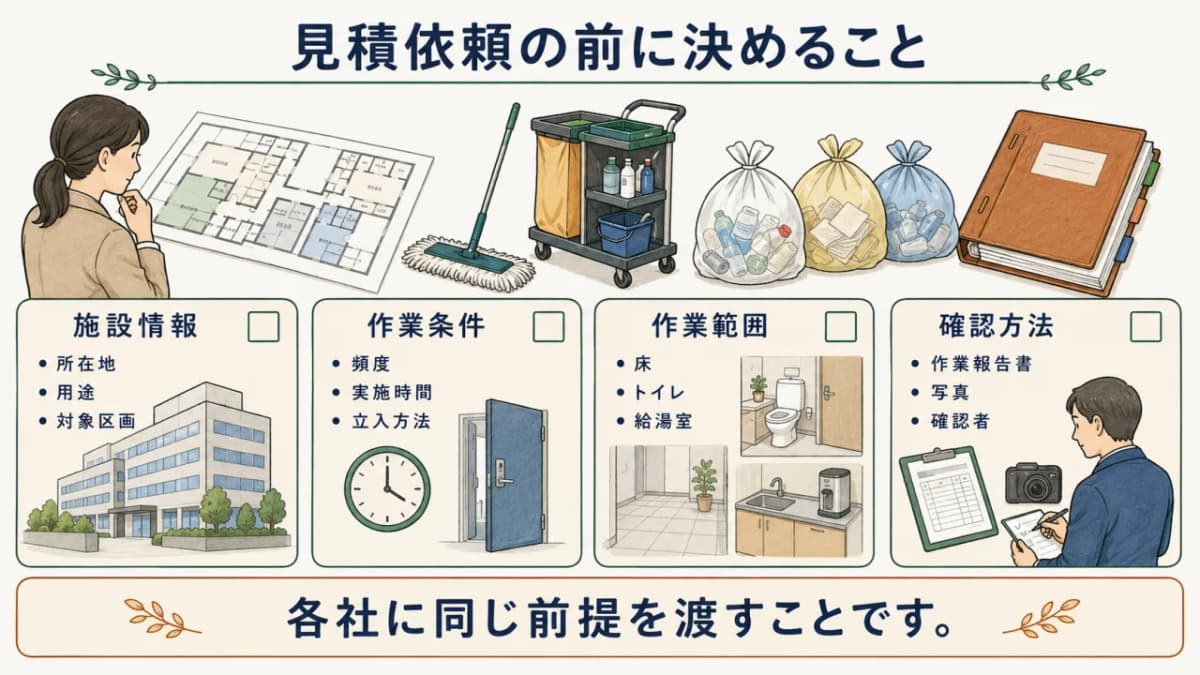 施設情報と対象区画を整理して清掃見積の依頼準備をする図解