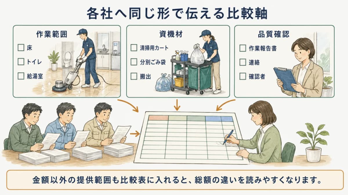 作業範囲、資機材、ごみ搬出、品質確認を同じ比較表へ入れる図解