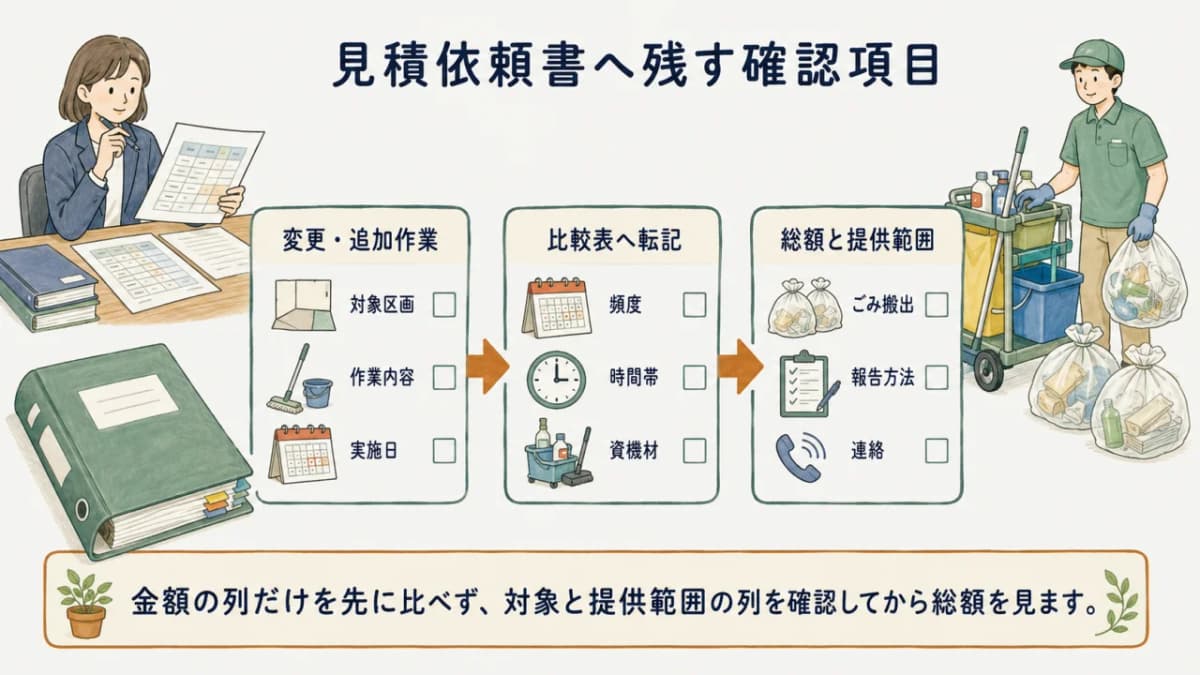 変更・追加作業と比較表への転記項目を残す清掃見積依頼書の図解