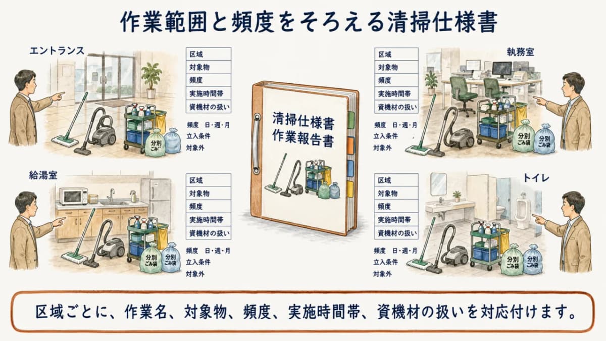 作業範囲と頻度をそろえる清掃仕様書