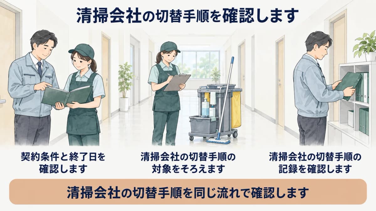 清掃会社切替前の契約条件と終了日を確認する図
