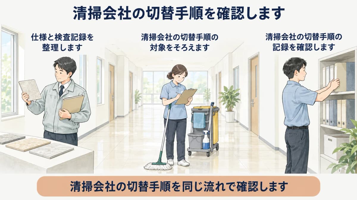 切替時に清掃仕様と検査記録を整理する図