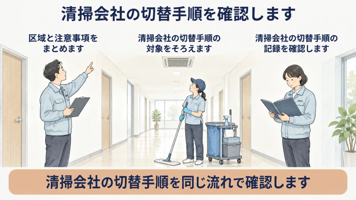 清掃切替で区域と注意事項をまとめる図