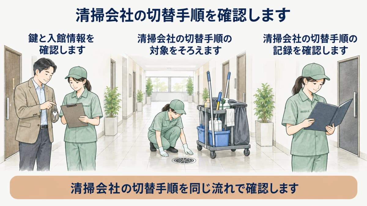 清掃切替時の鍵と入館情報を確認する図