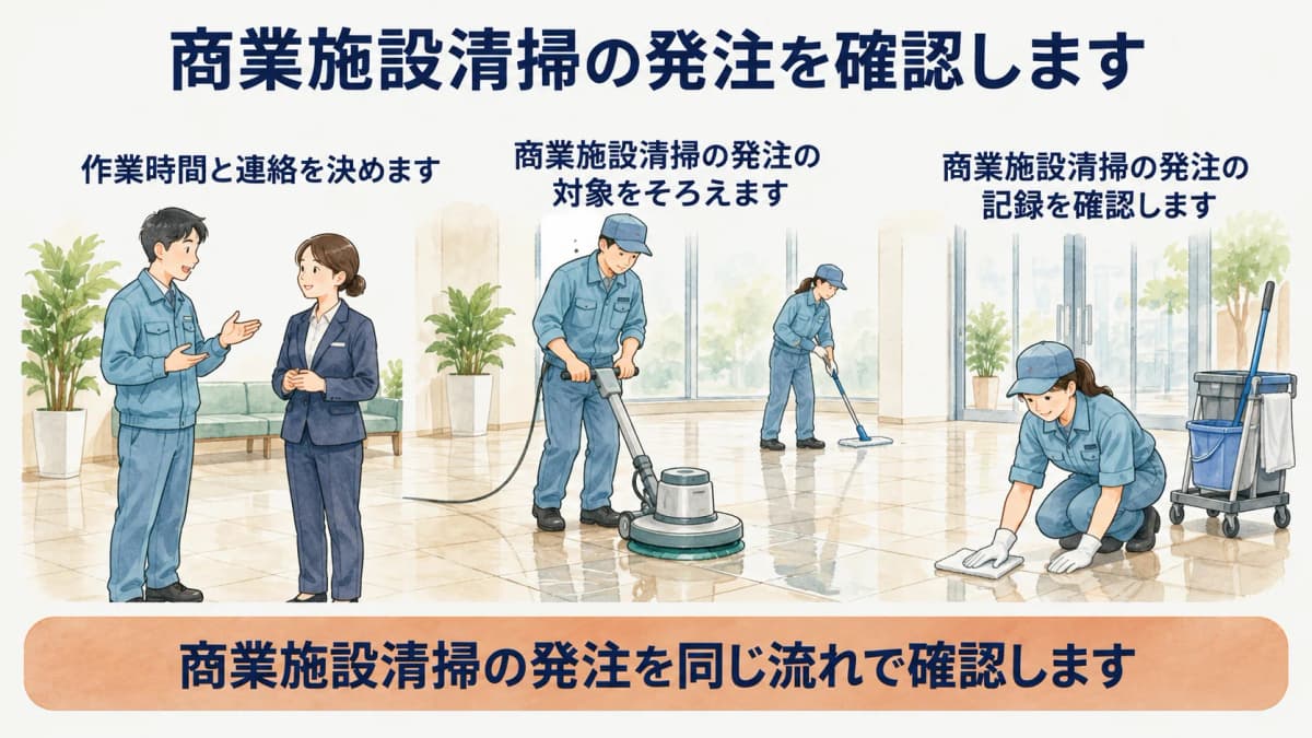 商業施設の作業時間と連絡を決める図