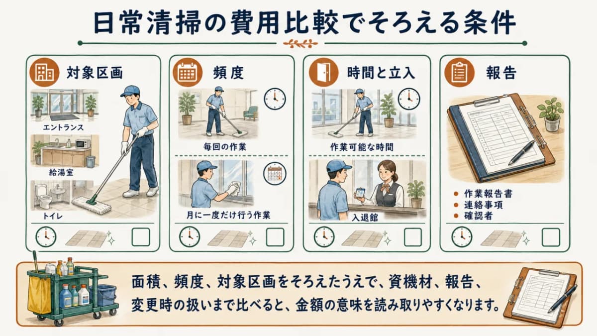 対象区画と利用時間を分けて日常清掃の条件を整理する図解
