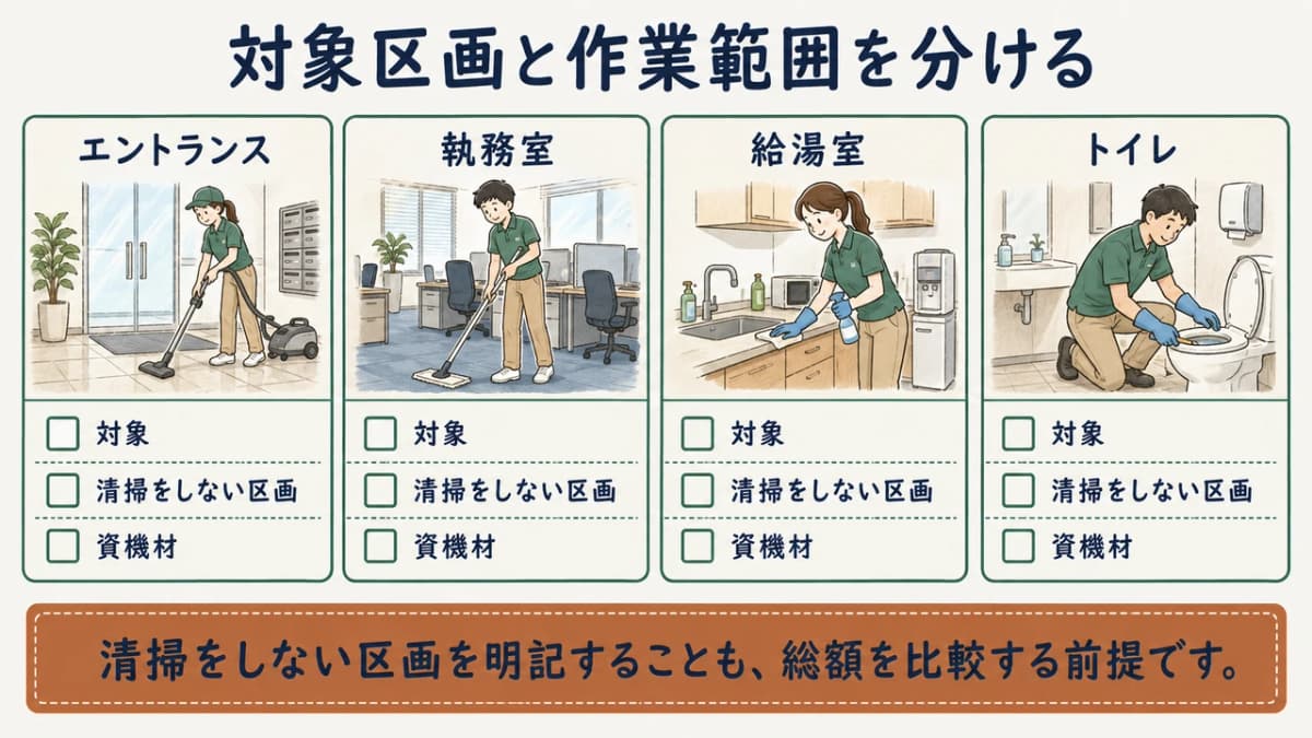 オフィス共用部ごとに日常清掃の作業範囲を整理する図解