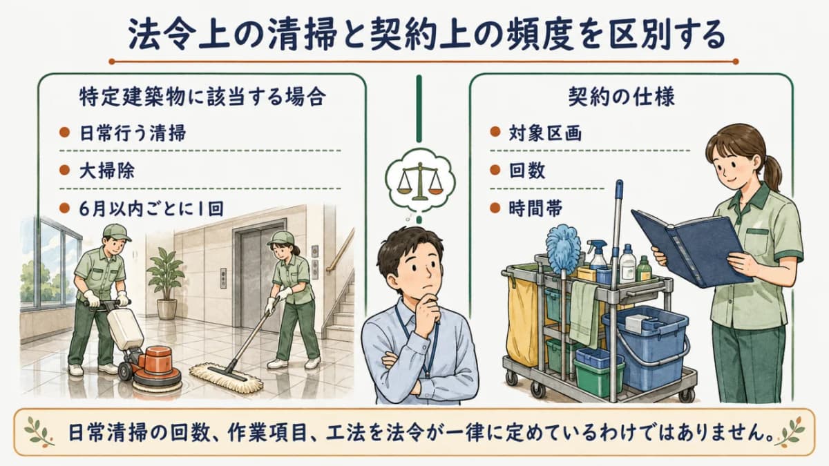 特定建築物の清掃要件と契約で決める日常清掃を区別する図解