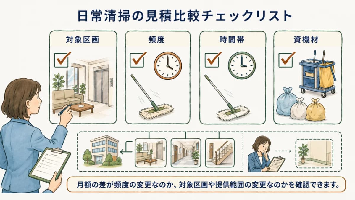 月額の前に対象区画と多拠点の共通項目を確認するチェックリスト図解