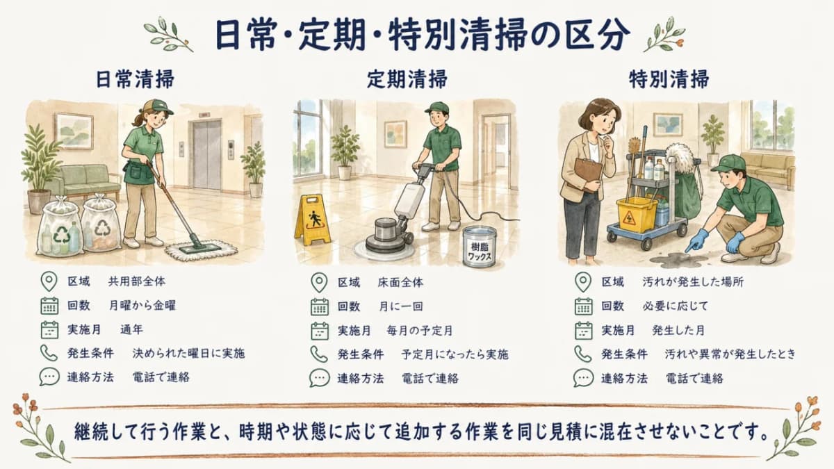 日常・定期・特別清掃の区分