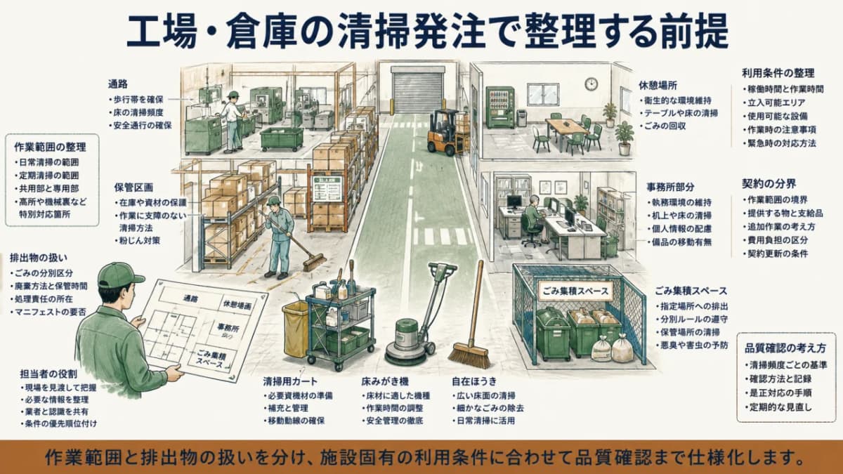 工場と倉庫の区画、通行経路、清掃用カートを示す図