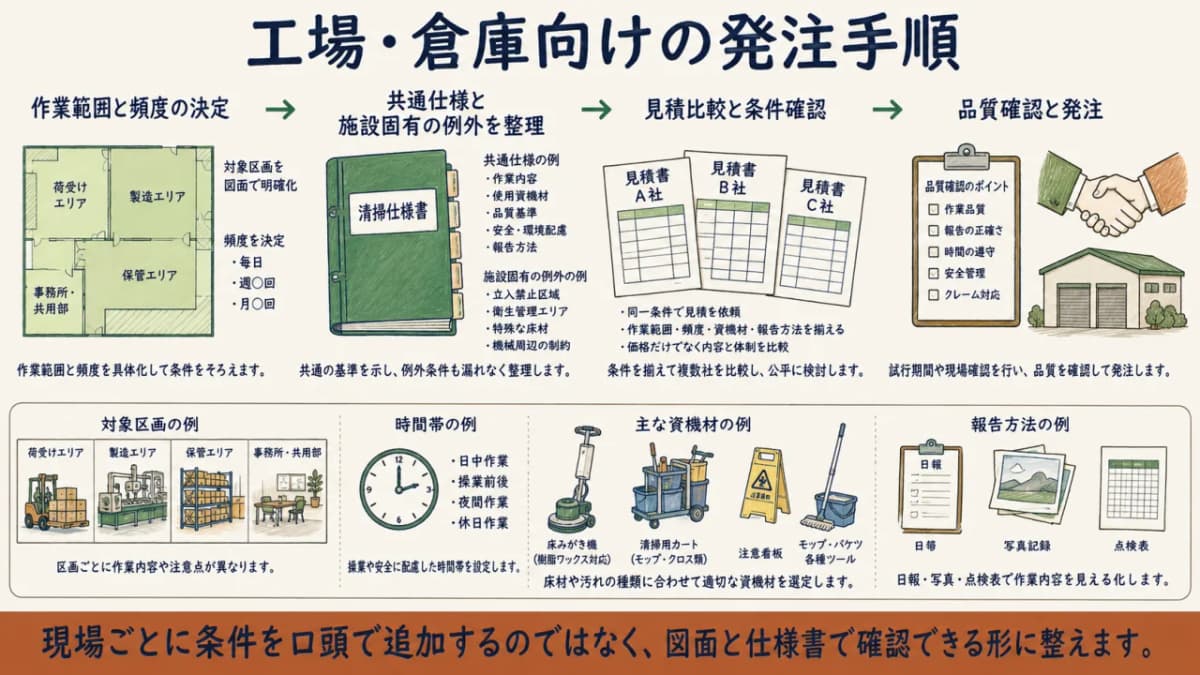 作業範囲、例外条件、見積比較をつなぐ発注手順図