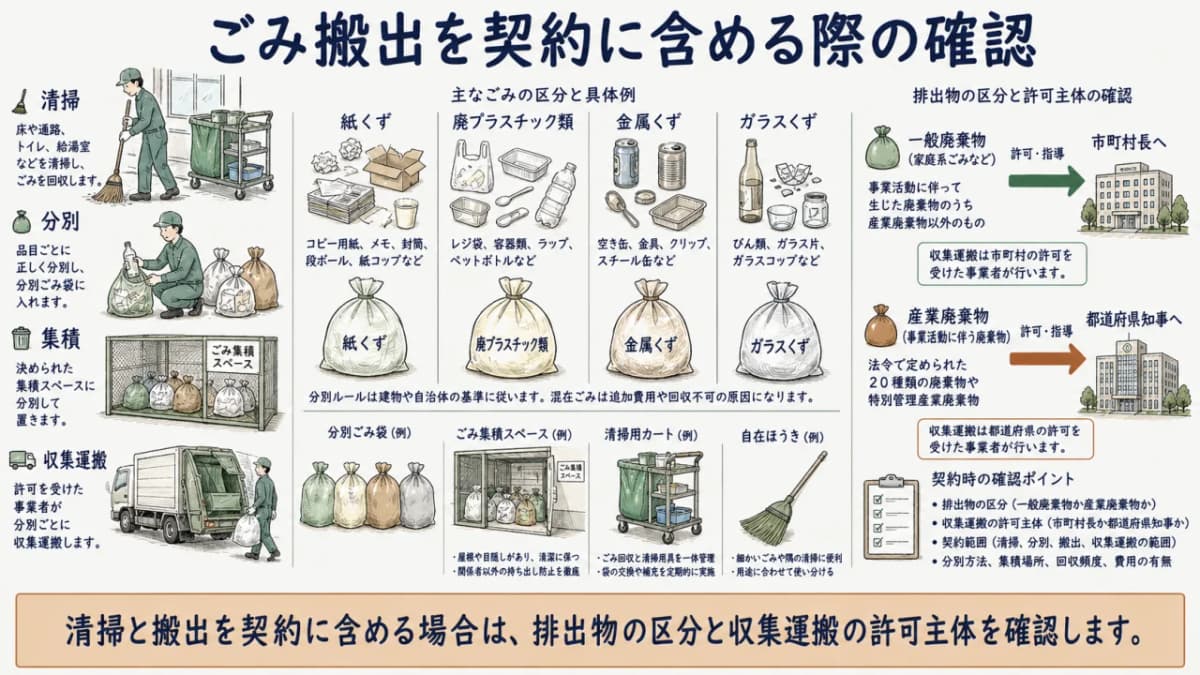 紙ごみ、廃プラスチック類、分別ごみ袋を分ける図