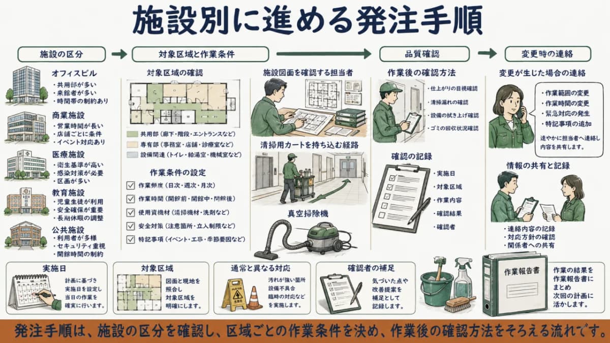 施設区分から品質確認までを示す発注手順図