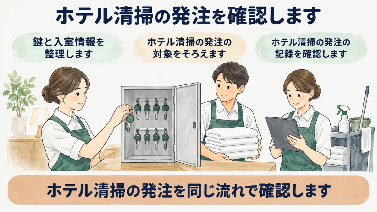 ホテル清掃の鍵と入室情報を整理する図
