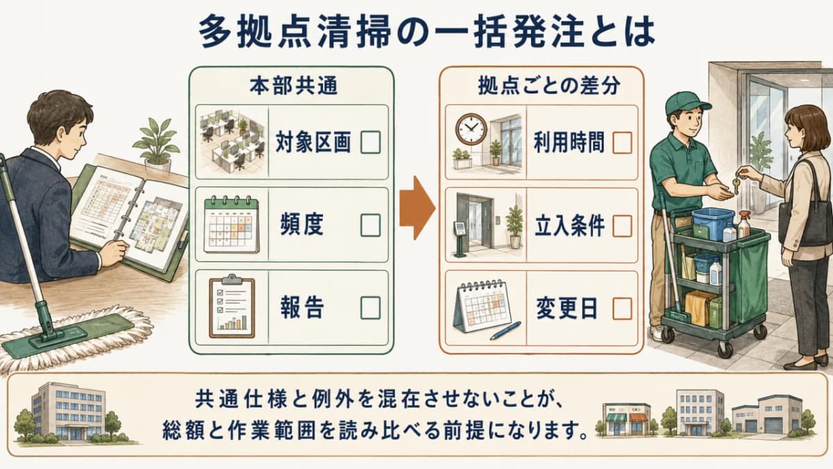 本部の共通仕様と拠点別の例外を分けて管理する多拠点清掃の図解