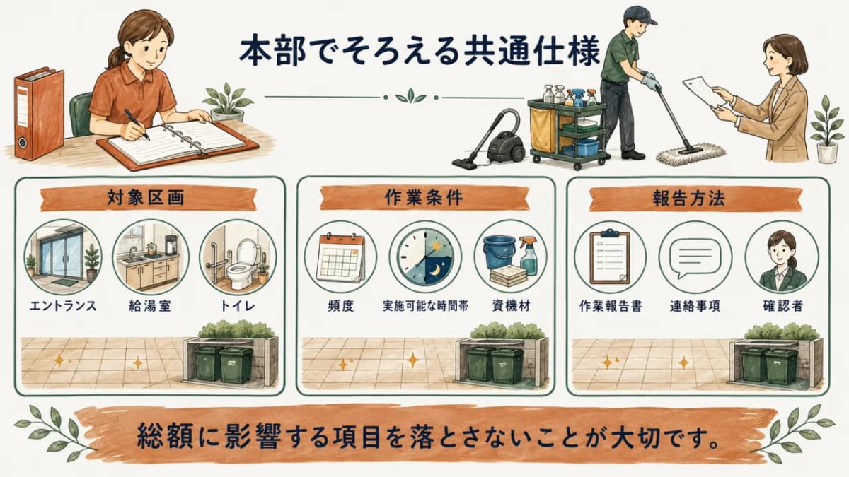 共通仕様書に清掃対象と作業条件を整理する本部担当者の図解
