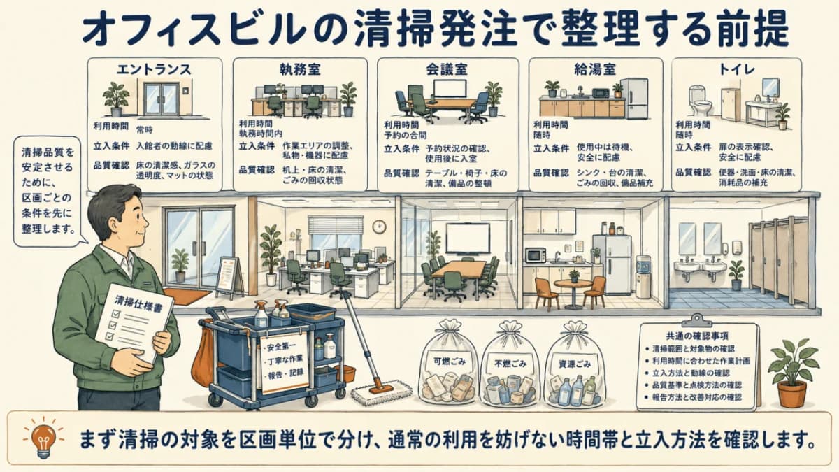 オフィスビルの区画と利用条件を整理する図