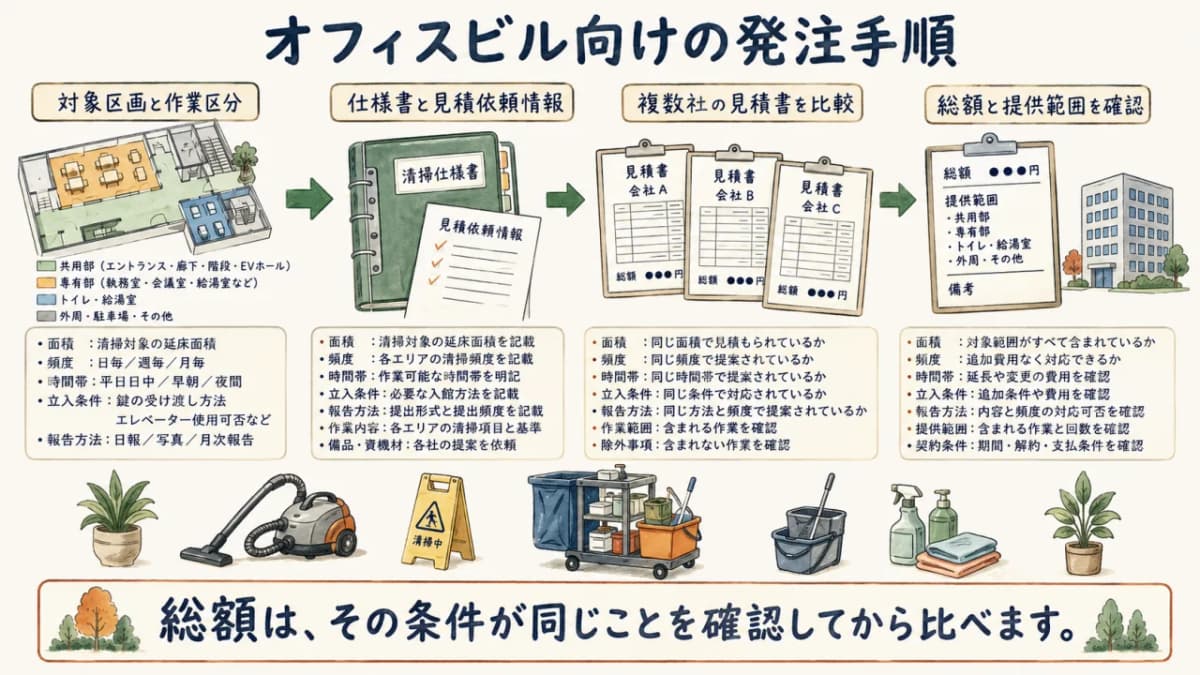 区画整理から見積比較までを示す発注手順図