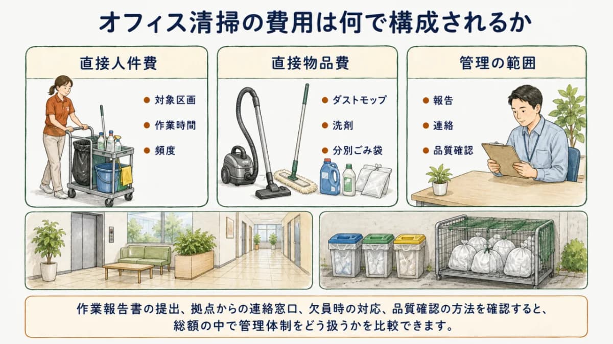 オフィス清掃の費用を人件費、物品費、管理費に分ける図解