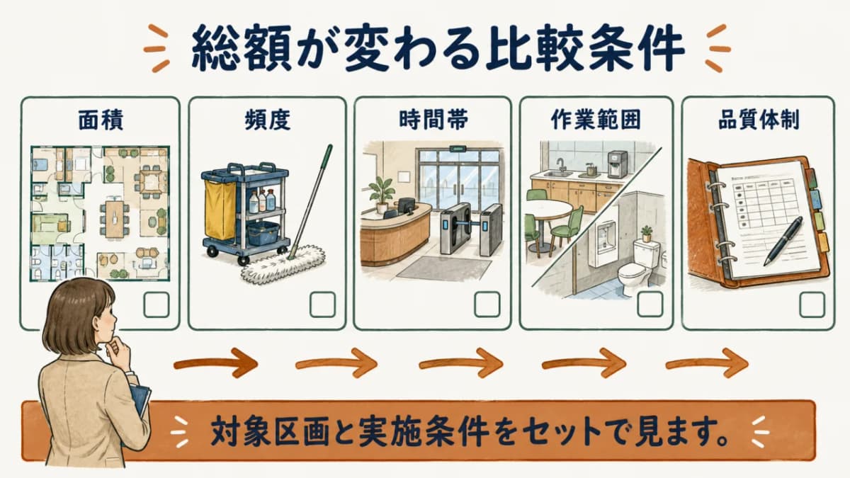 面積、頻度、時間帯、作業範囲を同じ条件で整理する図解