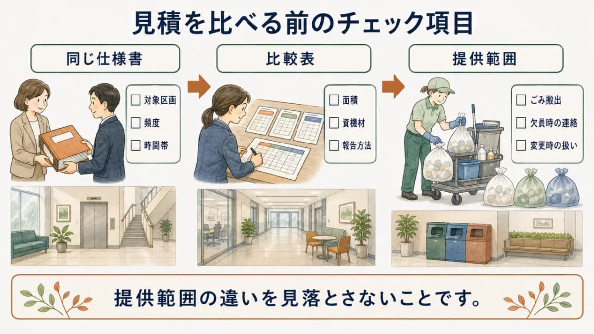 同じ仕様書を渡し金額以外の提供範囲も確認する見積準備の図解