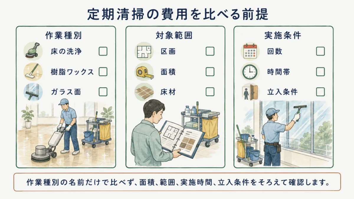 定期清掃の作業種別と対象範囲を分けて比較する図解