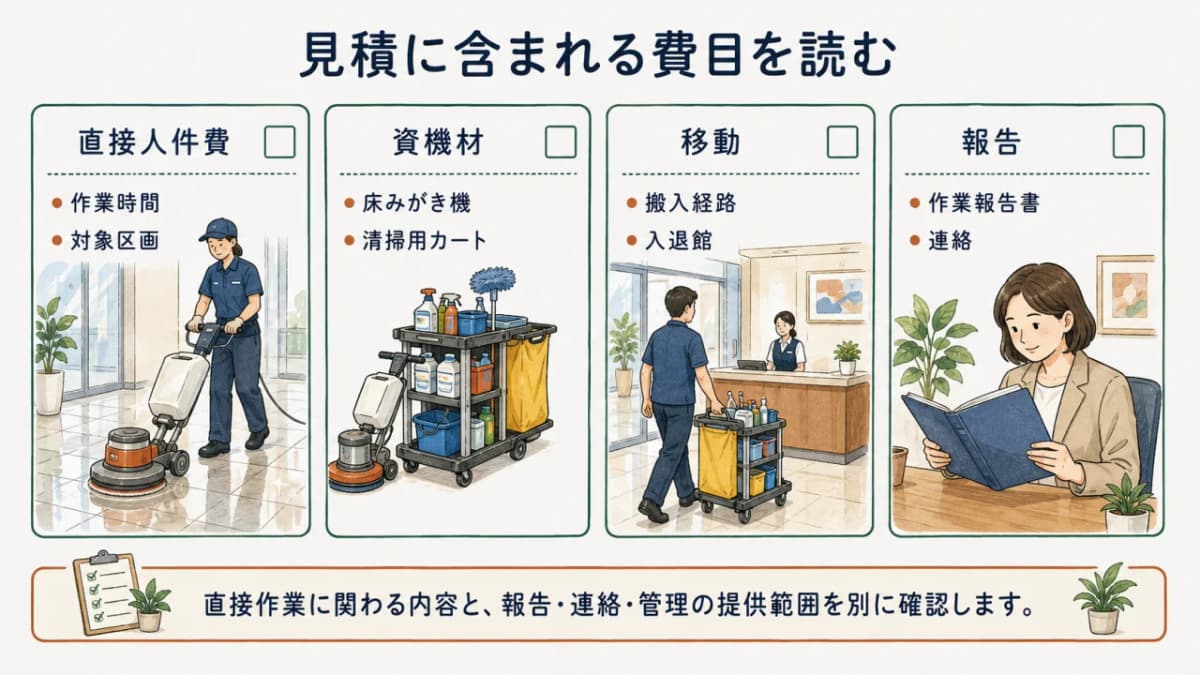 定期清掃の直接人件費、資機材、移動と管理を分けて読む図解
