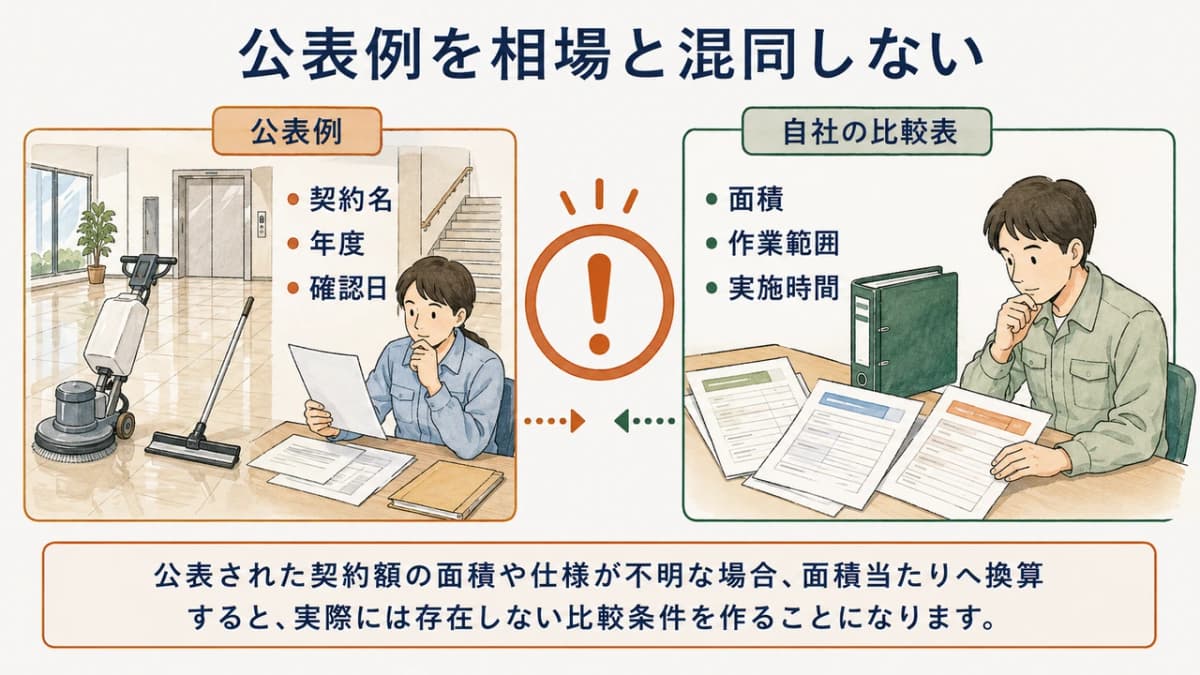条件が不明な公表契約を面積当たりの金額へ換算しない図解